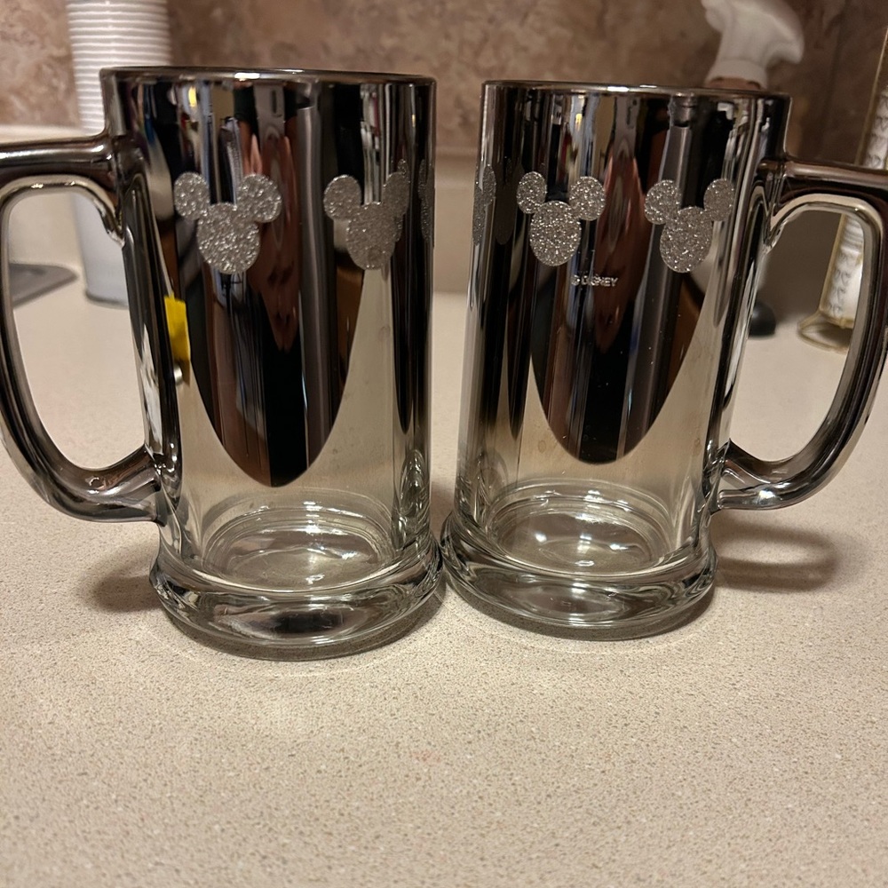 Disney Mickey Mouse Silver Gray fade/mirror Glass Mugs - Set of 2 mugs